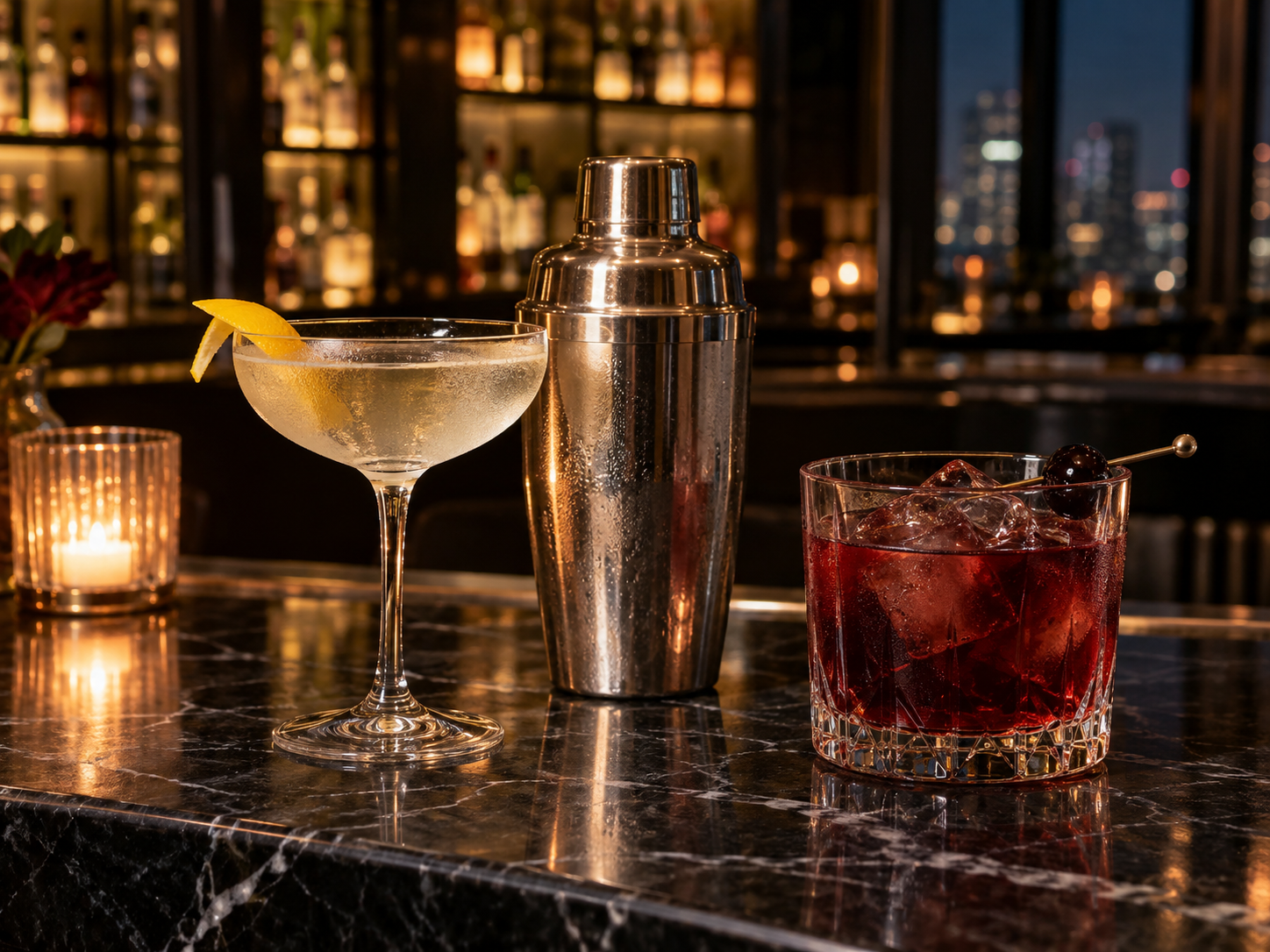 Signature cocktails and a polished shaker on a black marble bar